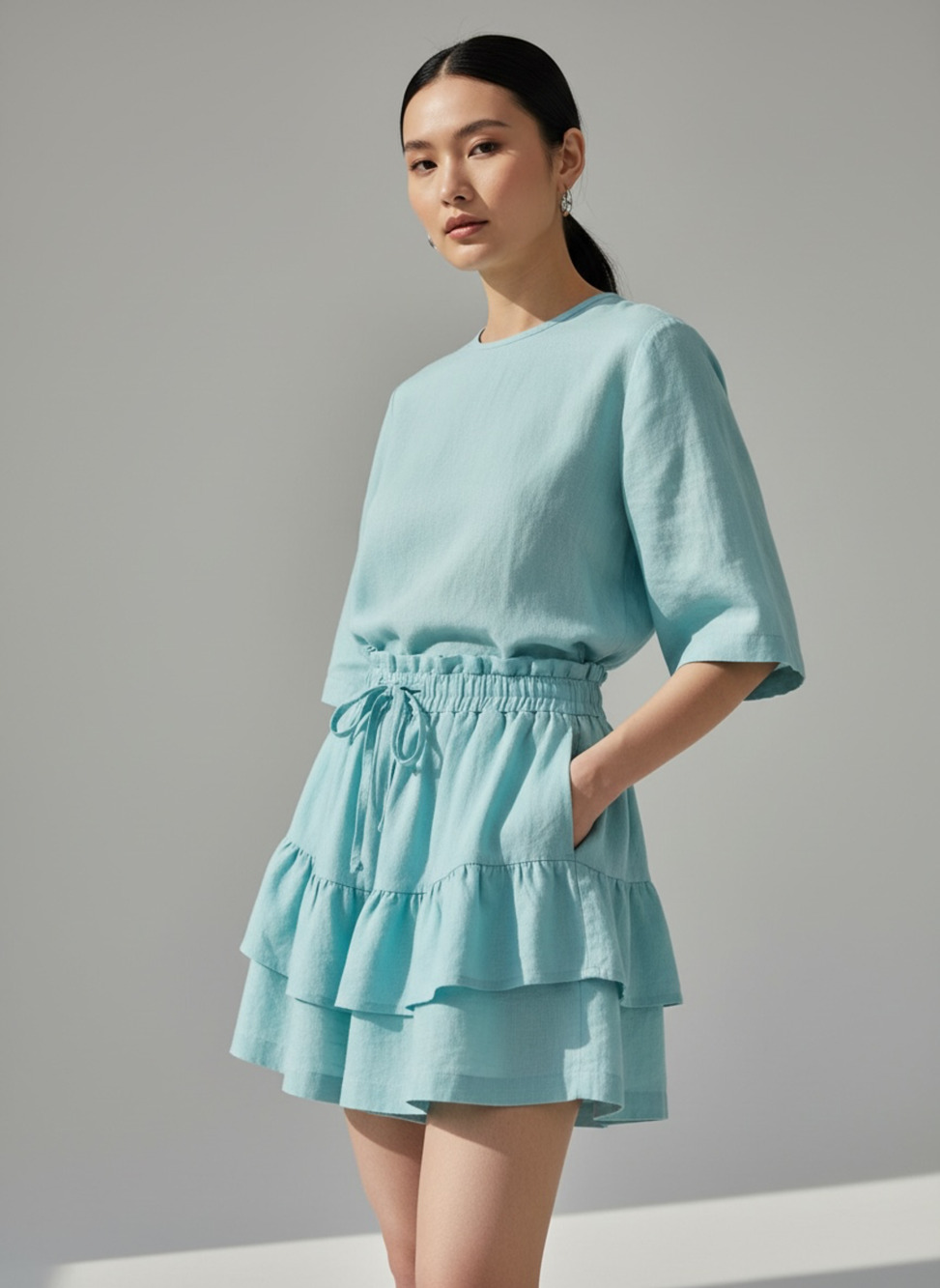 Y2K Linen Skirt Pants Wide Leg Flowy Shorts Aqua Blue